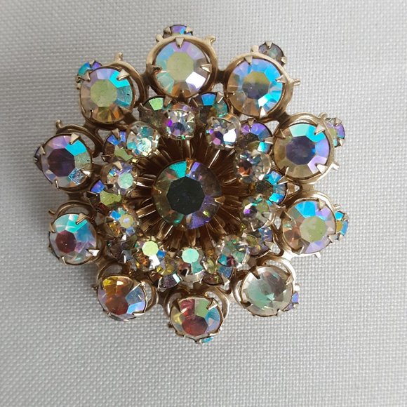 Pink Gold Tone Aurora Borealis Rhinestone Brooch Costume Jewelry - Picture 1 of 4